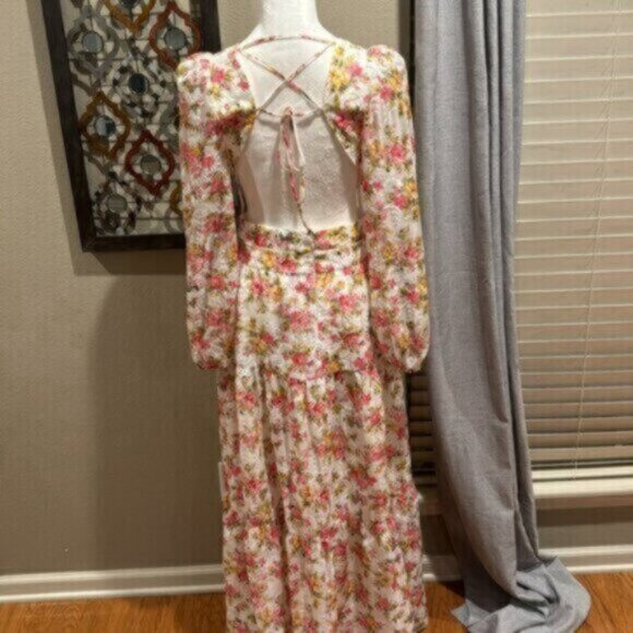 Lillian Floral Print Long Sleeve Deep V-Neck Cut-Out Tiered A-Line Dress - Picture 6 of 8